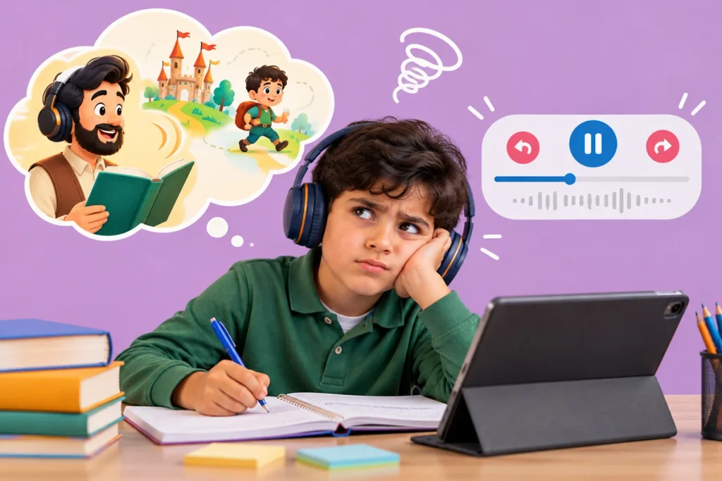 در کتاب صوتی، داستان معمولاً به شکل پیوسته پیش میرود. البته امکان توقف و عقب بردن فایل وجود دارد. اما انجام مداوم این کار ممکن است که برای کودک خستهکننده باشد.